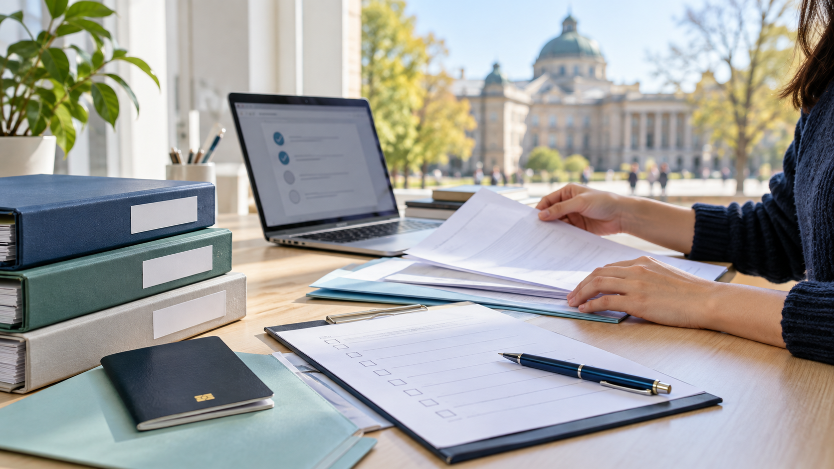 Organized university application documents on a desk with a campus in the background